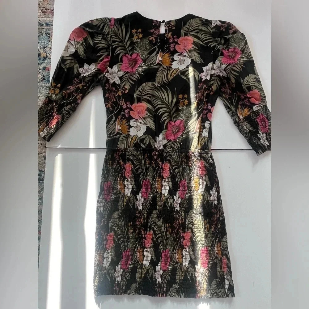 Rebecc Minkoff Black Floral Print Puff Sleeve Smocked Geneva Mini Size S - Picture 9 of 11